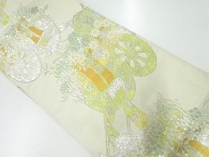 アンティーク　御所車に花模様織出し袋帯（材料）